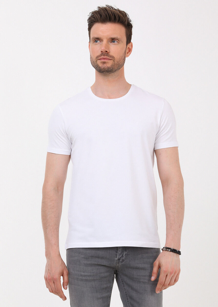 Beyaz Düz Pamuk Karışımlı T-Shirt