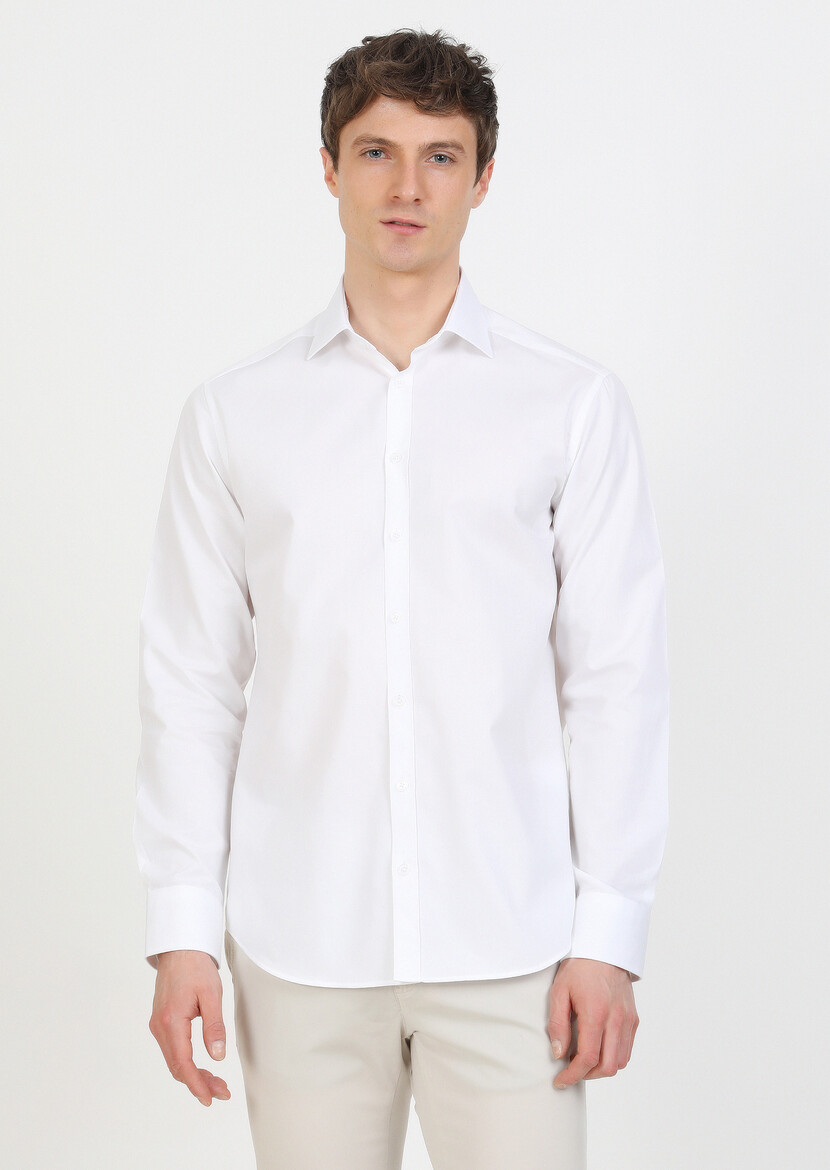 Beyaz Regular Fit Dokuma Klasik %100 Pamuk Gömlek - Thumbnail