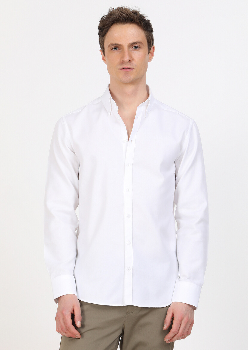 Beyaz Regular Fit Dokuma Klasik %100 Pamuk Gömlek - Thumbnail