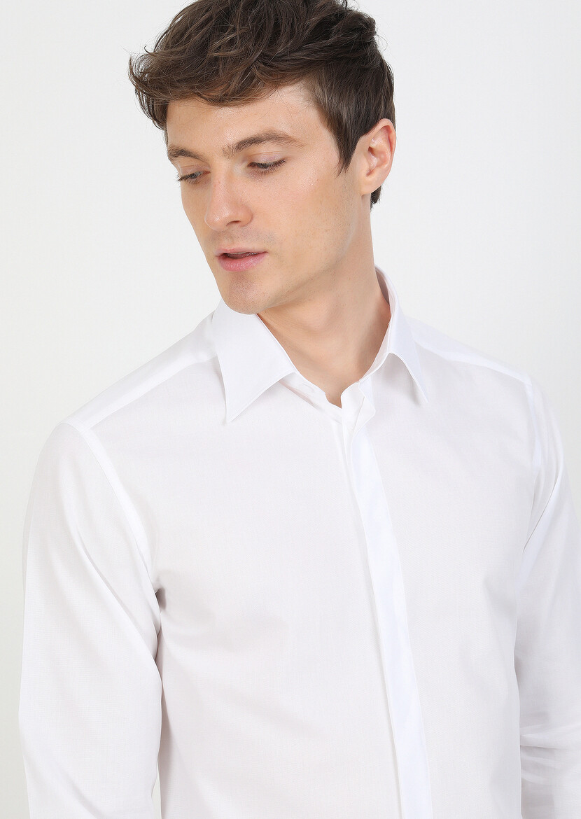 Beyaz Slim Fit Dokuma Klasik %100 Pamuk Gömlek - Thumbnail
