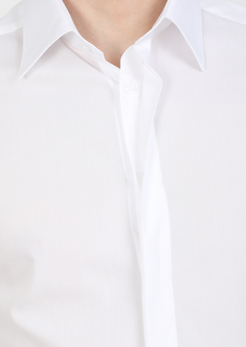 Beyaz Slim Fit Dokuma Klasik %100 Pamuk Gömlek - Thumbnail
