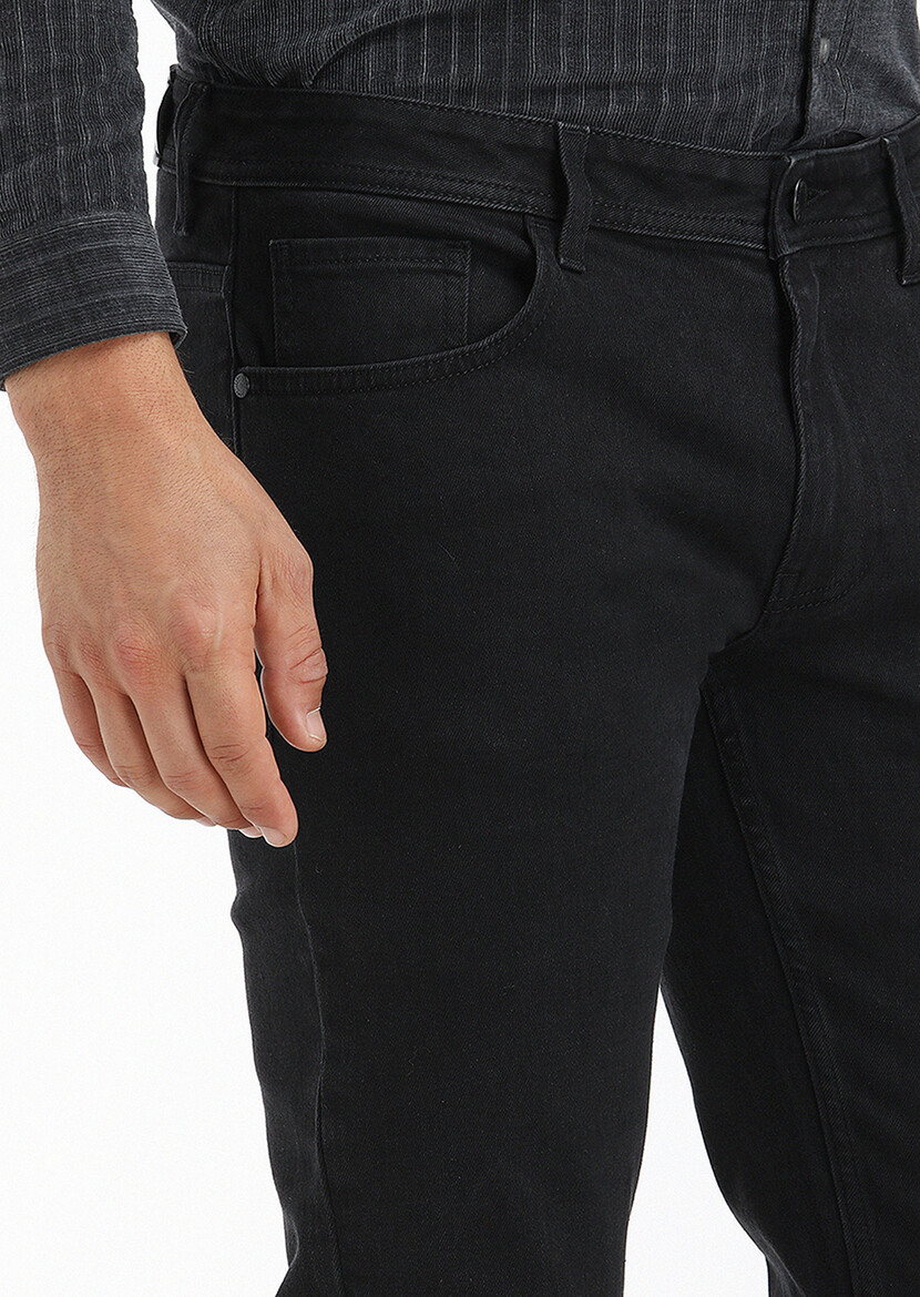 Siyah Düz Slim Fit Denim Pamuk Karışımlı Pantolon - Thumbnail
