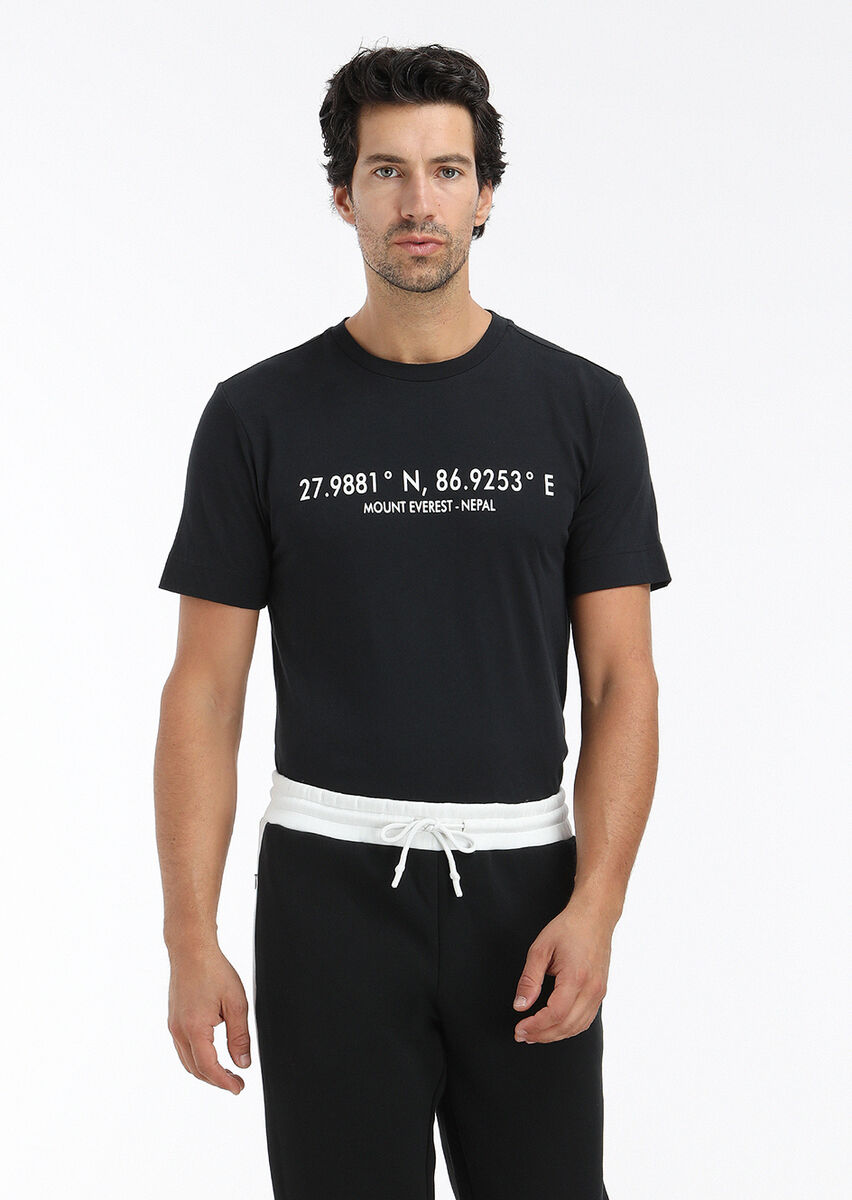 Siyah Baskılı Bisiklet Yaka %100 Pamuk T-Shirt