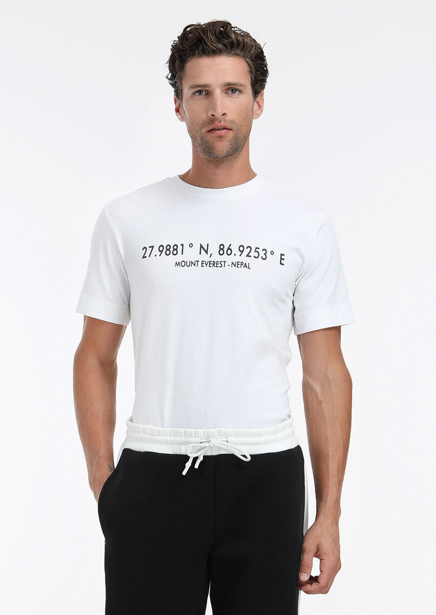 Beyaz Baskılı Bisiklet Yaka %100 Pamuk T-Shirt