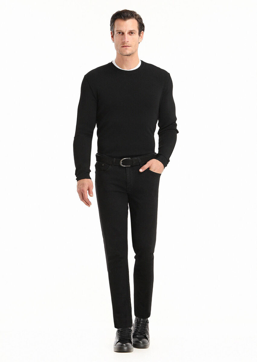 Siyah Düz Slim Fit Denim Pamuk Karışımlı Pantolon