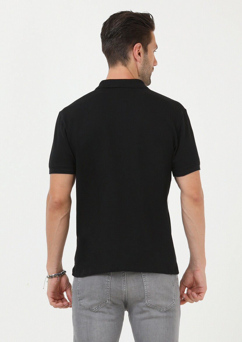 Siyah Jakarlı Polo Yaka %100 Pamuk T-Shirt - Thumbnail