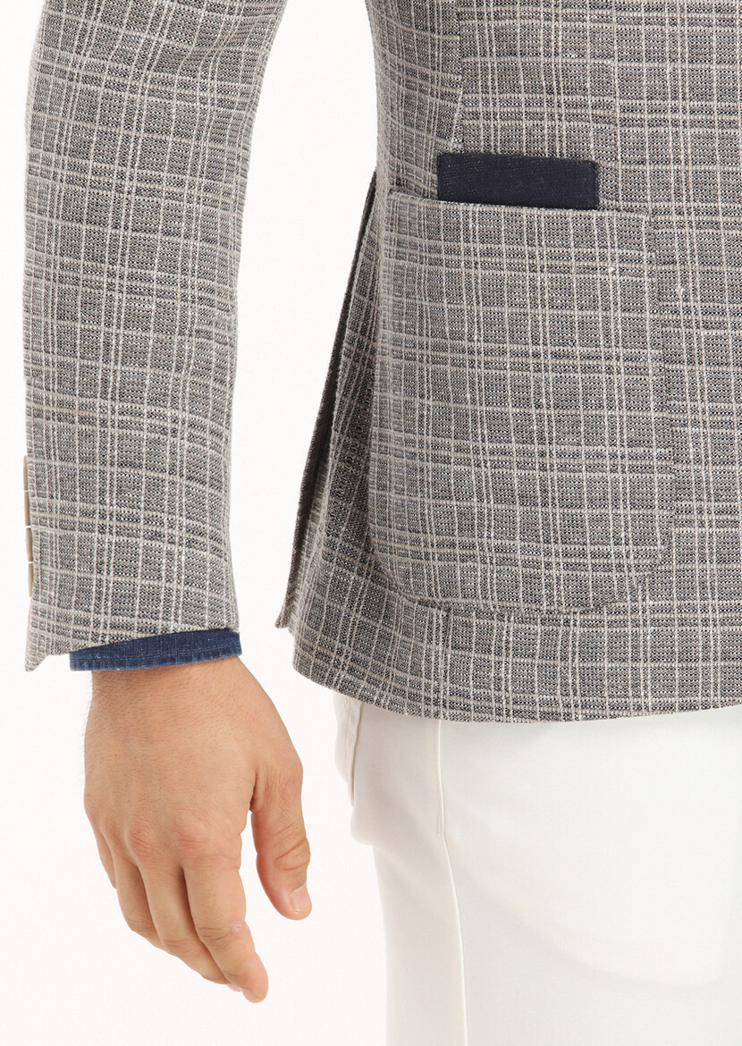 Lacivert Kareli Shirt Shoulder Slim Fit Pamuk Karışımlı Örme Ceket - Thumbnail