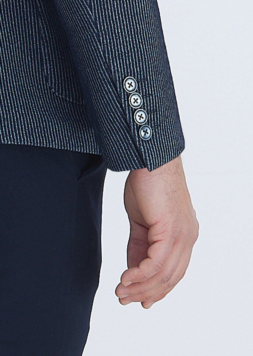 Lacivert Desenli Shirt Shoulder Slim Fit Pamuk Karışımlı Örme Ceket - Thumbnail
