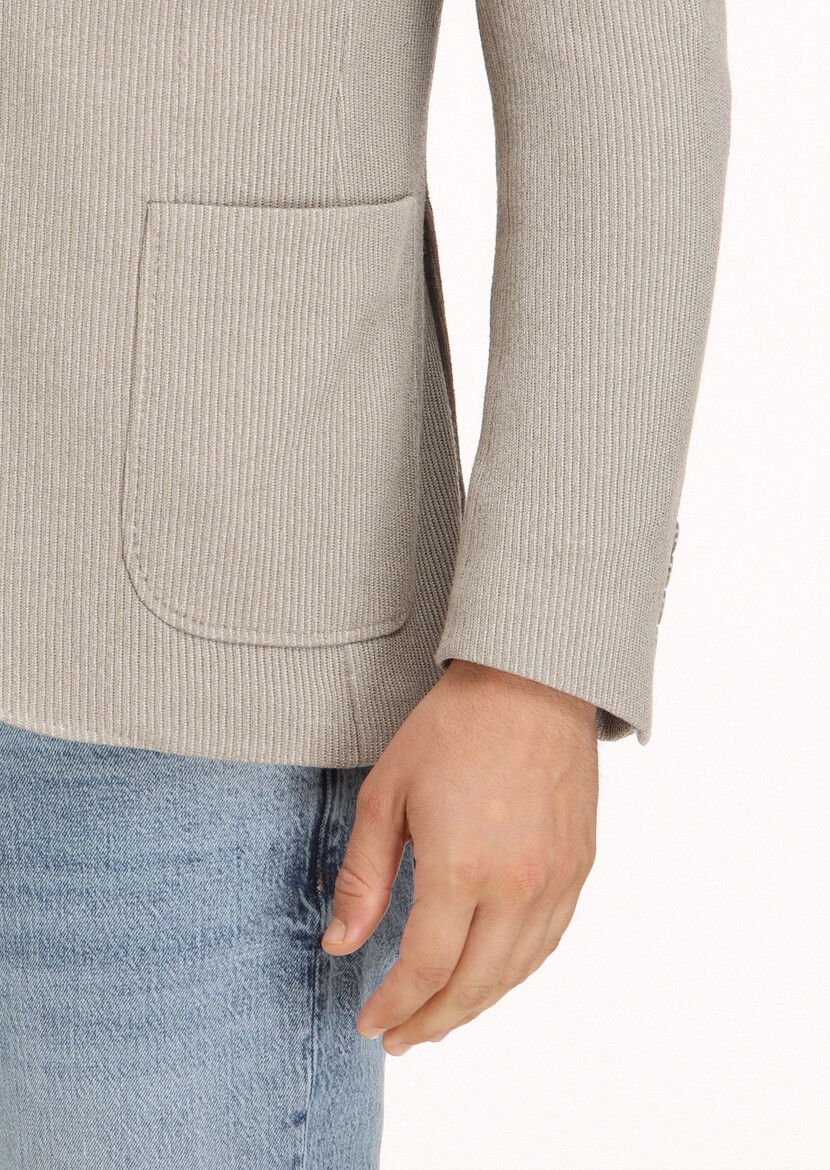 Bej Desenli Shirt Shoulder Slim Fit Pamuk Karışımlı Örme Ceket - Thumbnail