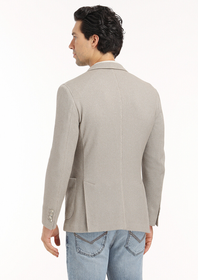 Bej Desenli Shirt Shoulder Slim Fit Pamuk Karışımlı Örme Ceket - Thumbnail