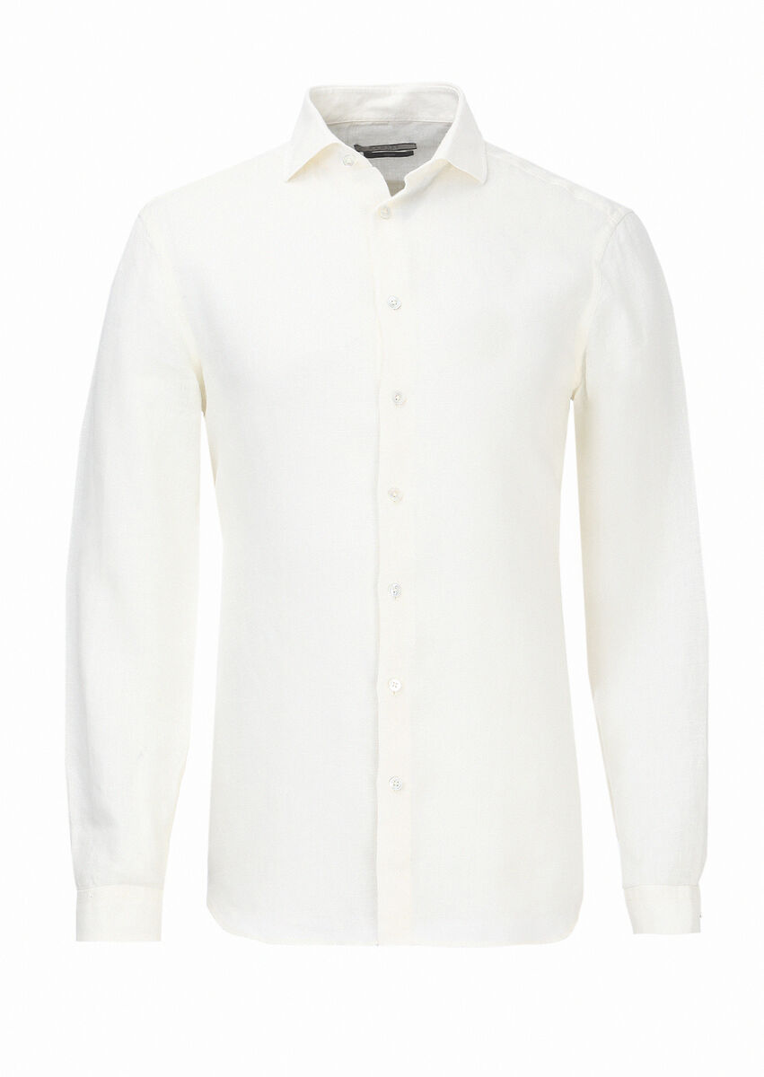 Kırık Beyaz Düz Regular Fit Dokuma Casual %100 Keten Gömlek