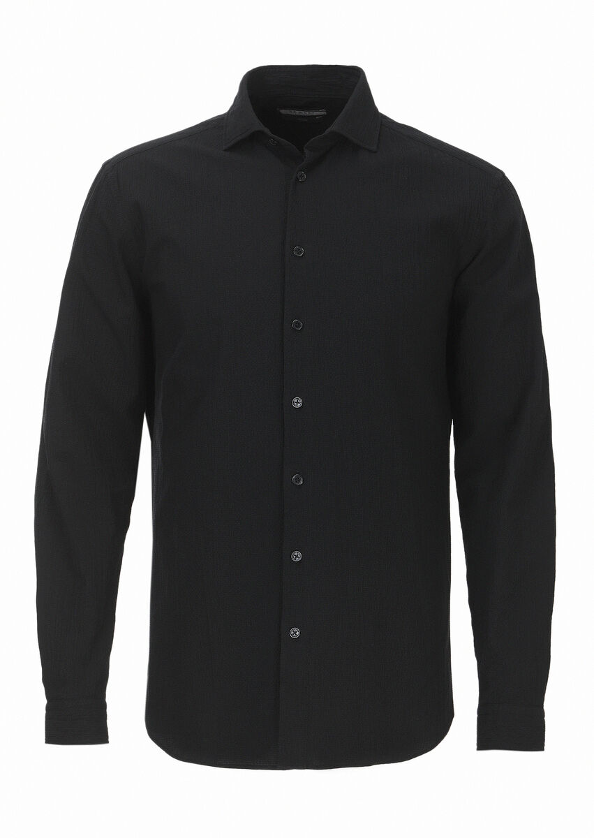 Siyah Düz Regular Fit Dokuma Casual Pamuk Karışımlı Gömlek