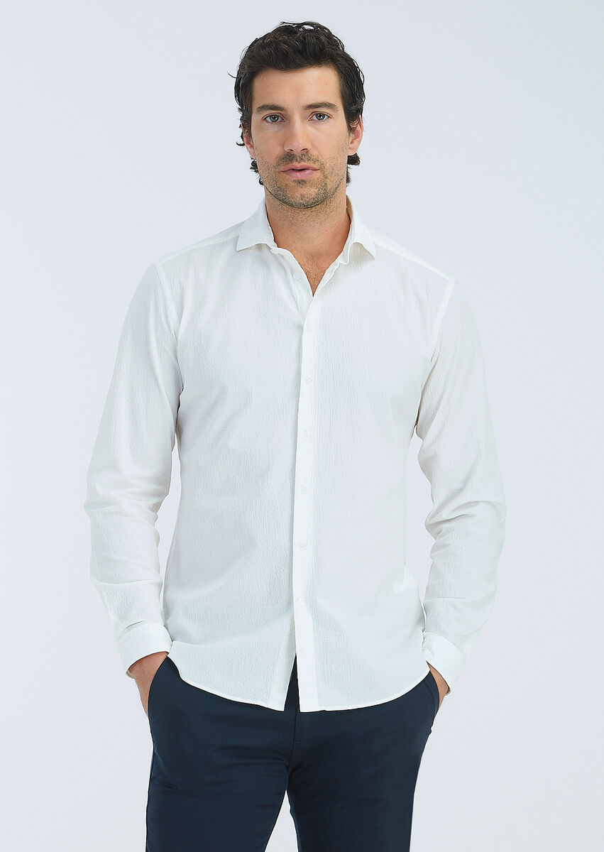 Beyaz Düz Regular Fit Dokuma Casual Pamuk Karışımlı Gömlek