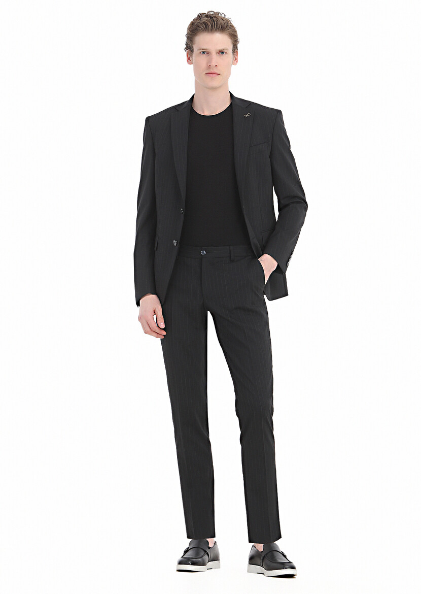Siyah Çizgili Modern Fit Yün Karışımlı Takım Elbise - Thumbnail