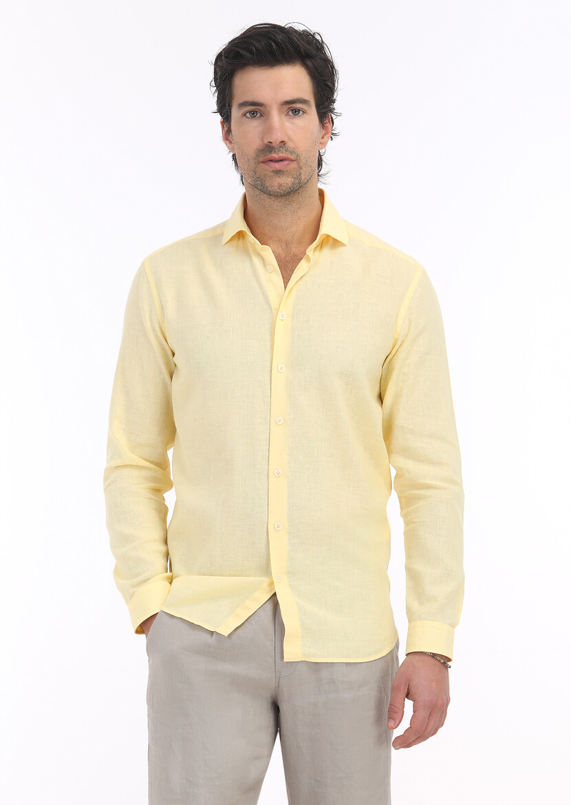 Sarı Düz Regular Fit Dokuma Casual Pamuk Karışımlı Gömlek - Thumbnail