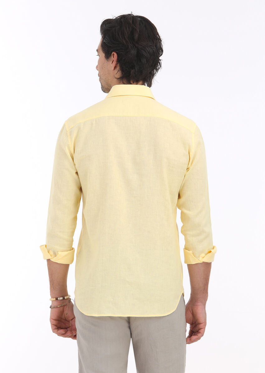 Sarı Düz Regular Fit Dokuma Casual Pamuk Karışımlı Gömlek