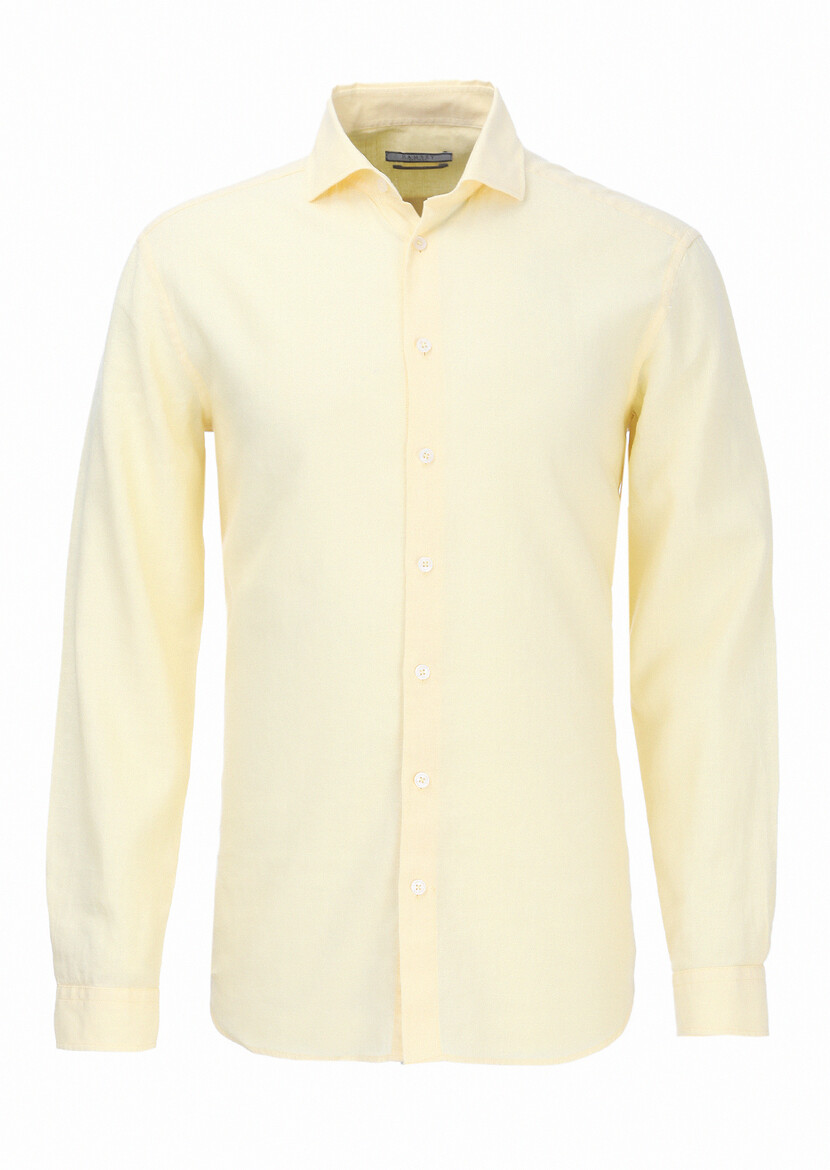 Sarı Düz Regular Fit Dokuma Casual Pamuk Karışımlı Gömlek - Thumbnail