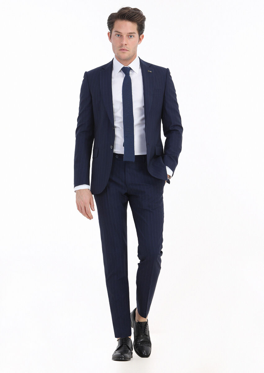 Lacivert Çizgili Thin&taller Slim Fit Yün Karışımlı Takım Elbise