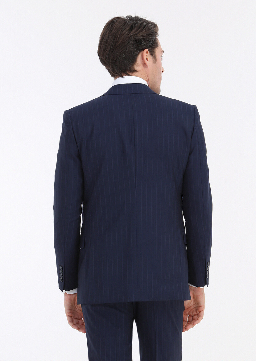 Lacivert Çizgili Thin&taller Slim Fit Yün Karışımlı Takım Elbise - Thumbnail