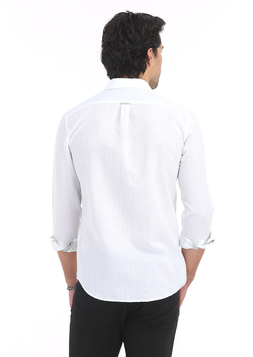 Beyaz Çizgili Regular Fit Dokuma Casual Pamuk Karışımlı Gömlek