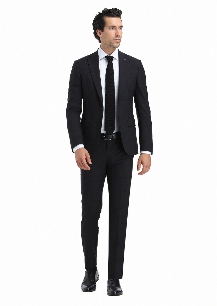 Siyah Kareli Modern Fit %100 Yün Takım Elbise - Thumbnail