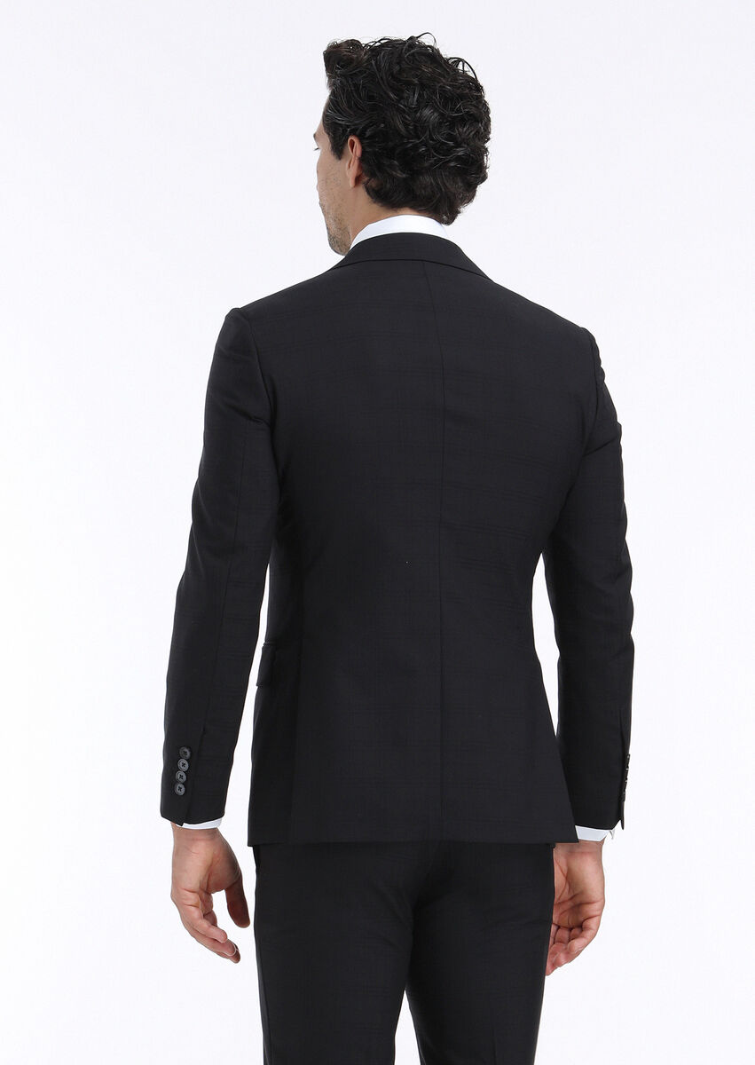 Siyah Kareli Modern Fit %100 Yün Takım Elbise