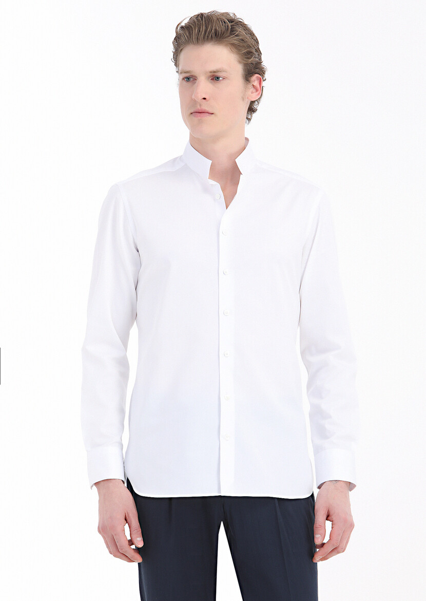 Beyaz Düz Slim Fit Dokuma Klasik Pamuk Karışımlı Gömlek - Thumbnail