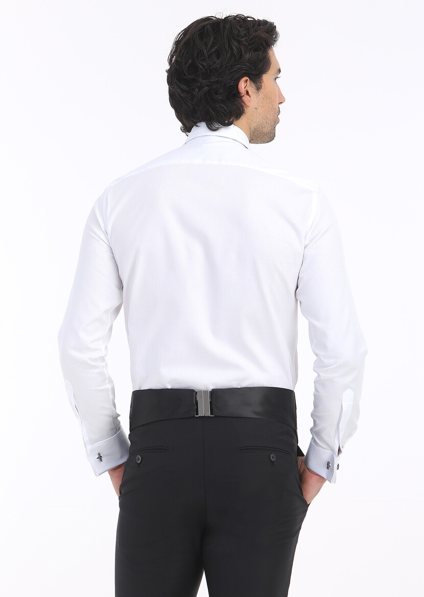 Beyaz Slim Fit Duble Manşet Klasik Yaka Smokin Gömlek - Thumbnail