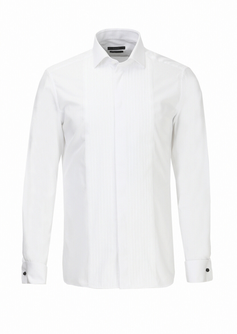 Beyaz Slim Fit Duble Manşet Klasik Yaka Smokin Gömlek - Thumbnail
