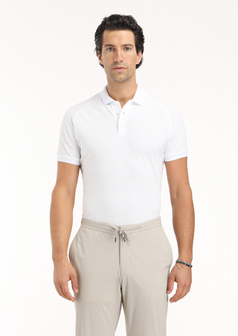 Beyaz Jakarlı Polo Yaka %100 Pamuk T-Shirt - Thumbnail