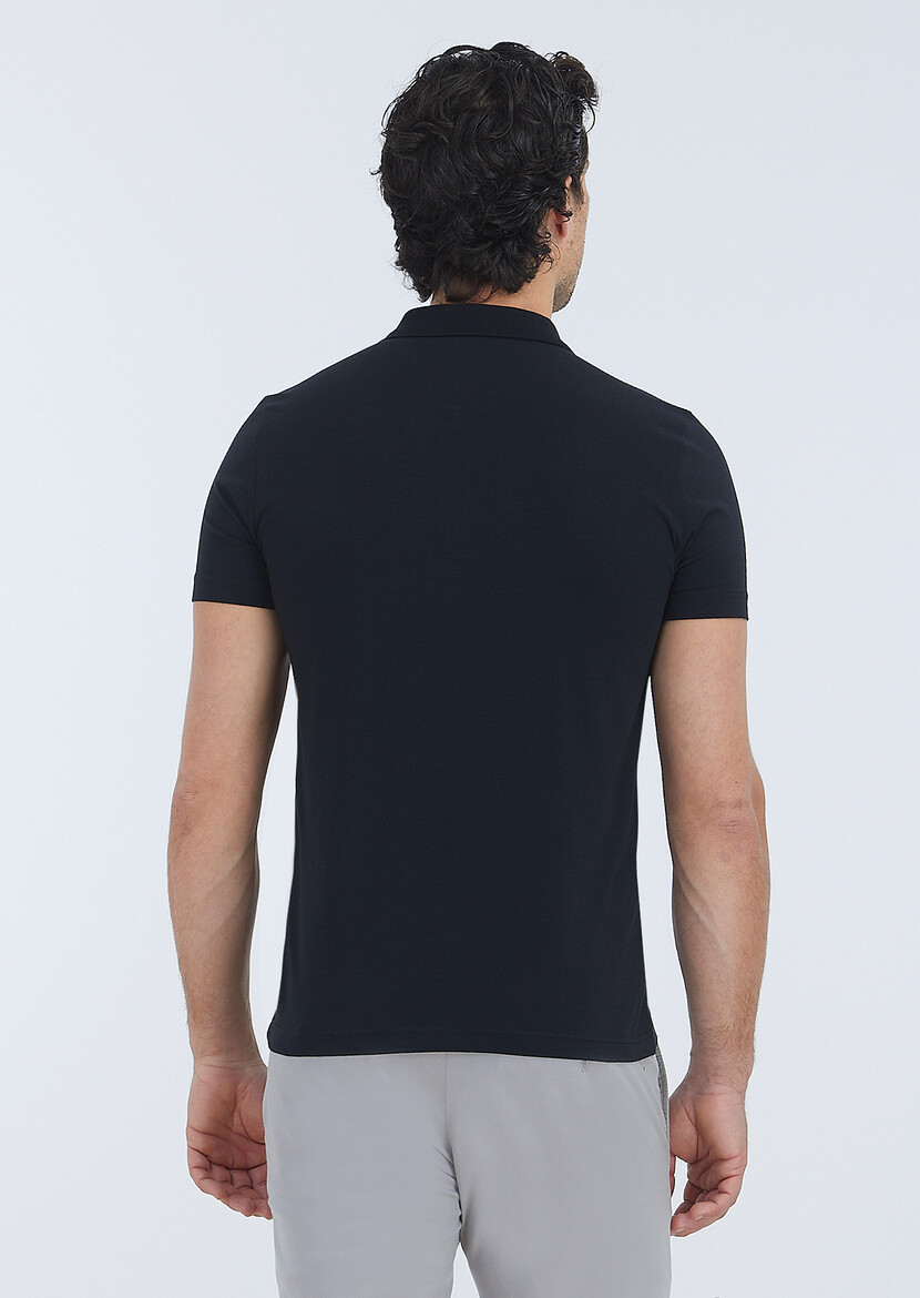 Siyah Düz Polo Yaka Pamuk Karışımlı T-Shirt - Thumbnail