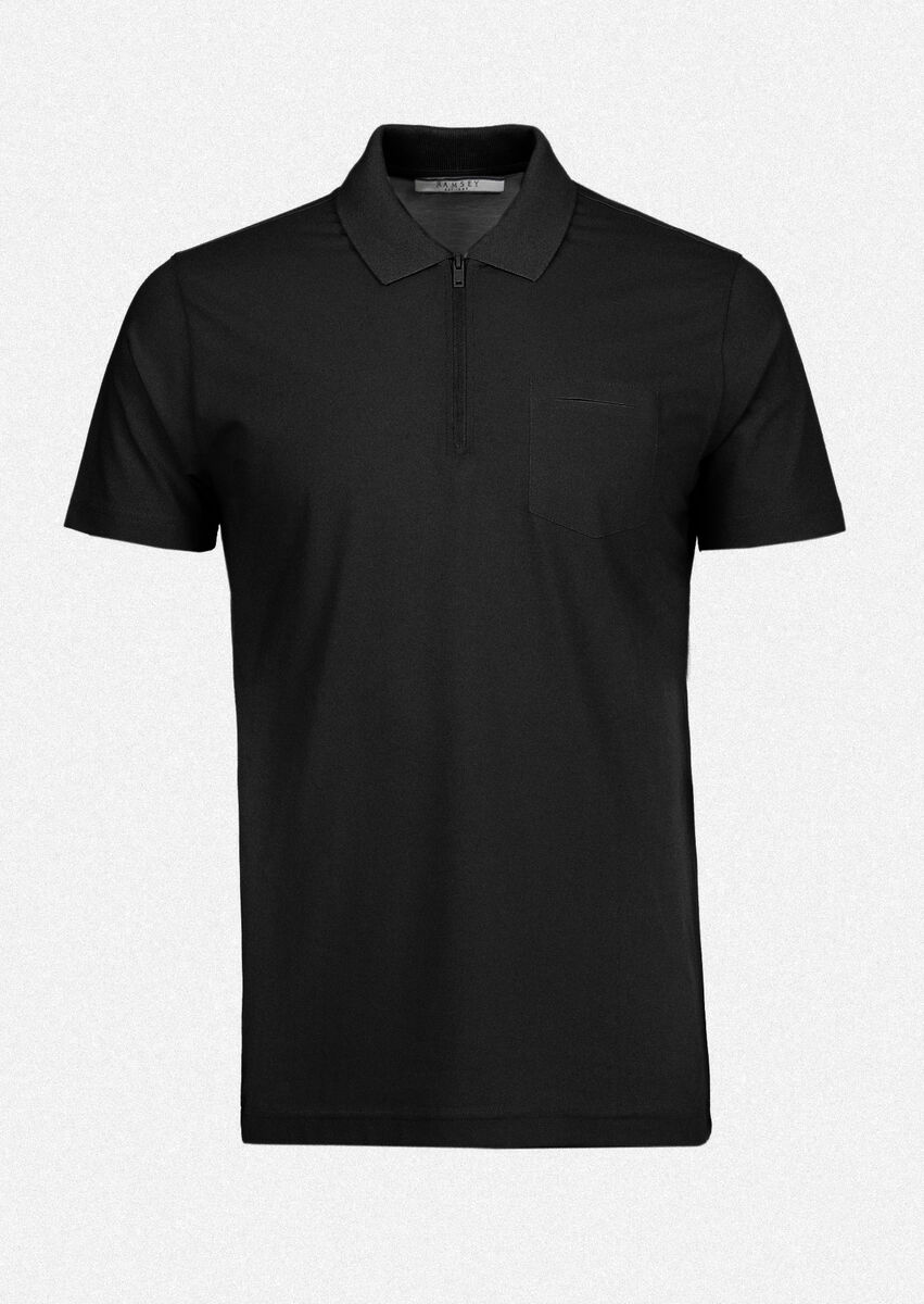 Siyah Düz Polo Yaka Pamuk Karışımlı T-Shirt
