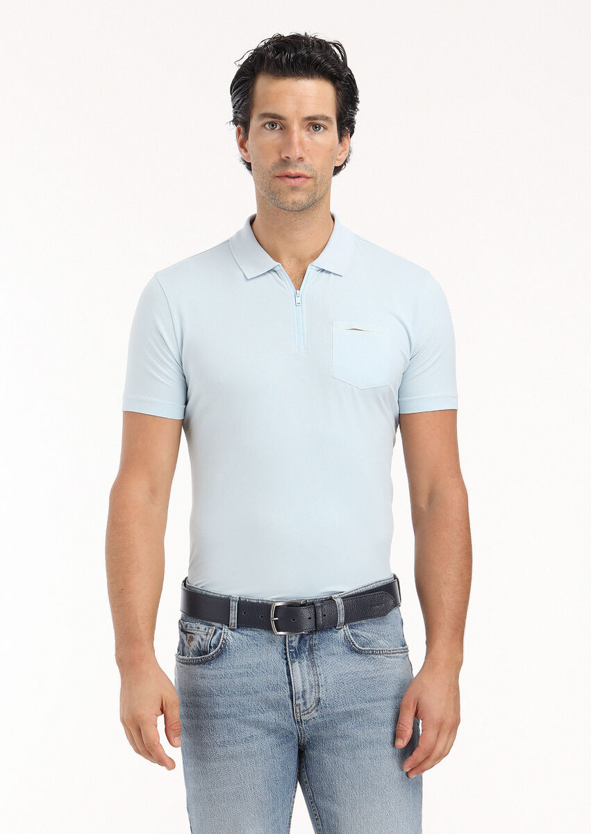 Açık Mavi Düz Polo Yaka Pamuk Karışımlı T-Shirt