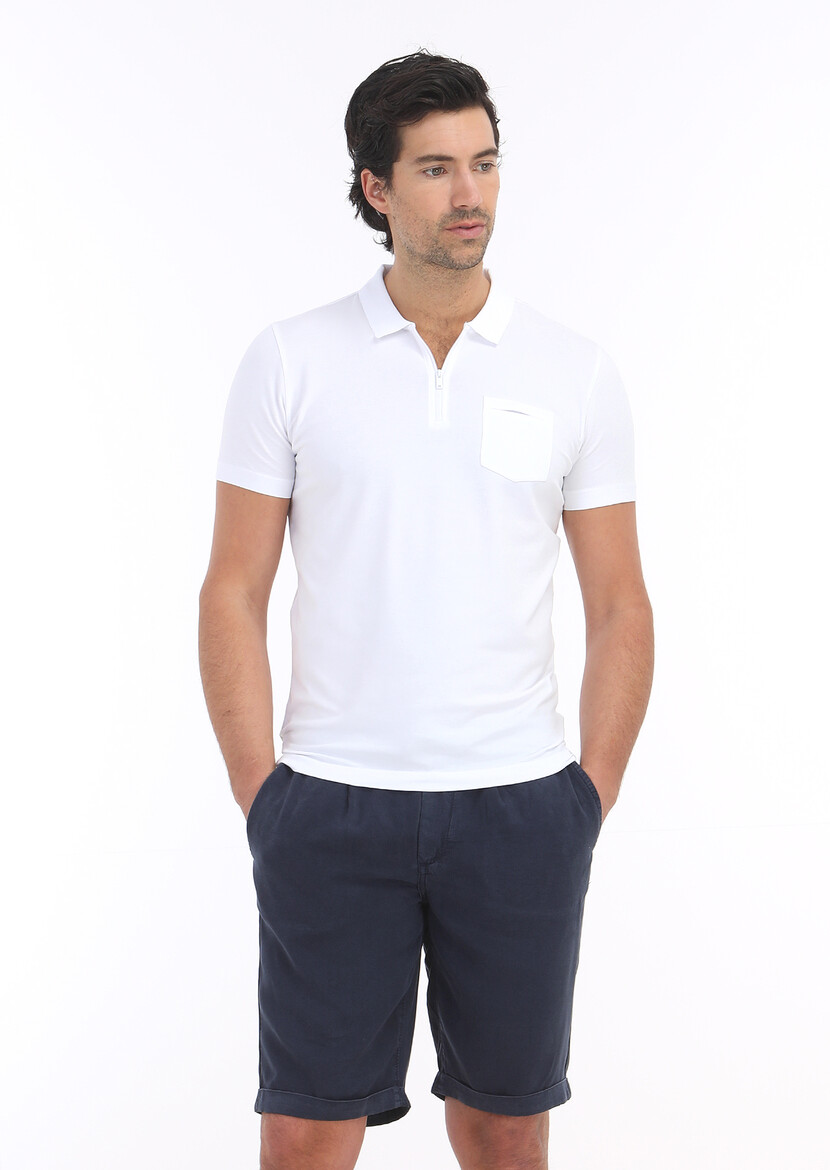 Beyaz Düz Polo Yaka Pamuk Karışımlı T-Shirt - Thumbnail