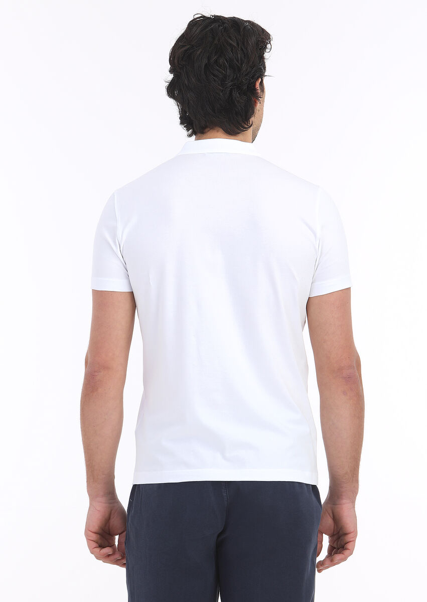 Beyaz Düz Polo Yaka Pamuk Karışımlı T-Shirt