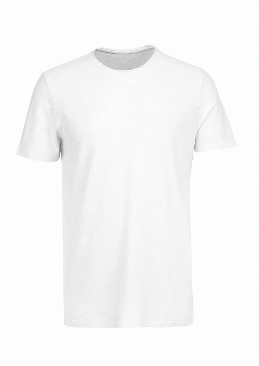 Beyaz Jakarlı Bisiklet Yaka Pamuk Karışımlı T-Shirt