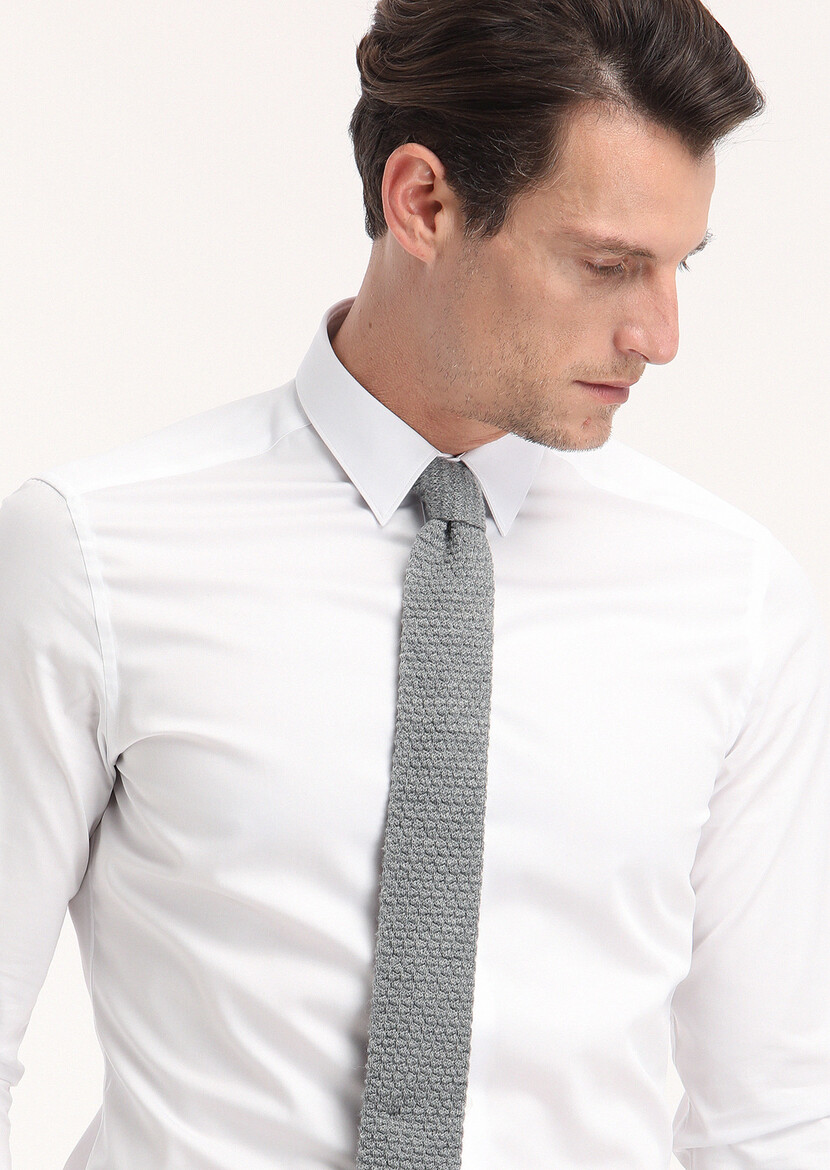 Beyaz Düz Super Slim Fit Dokuma Klasik %100 Pamuk Gömlek - Thumbnail