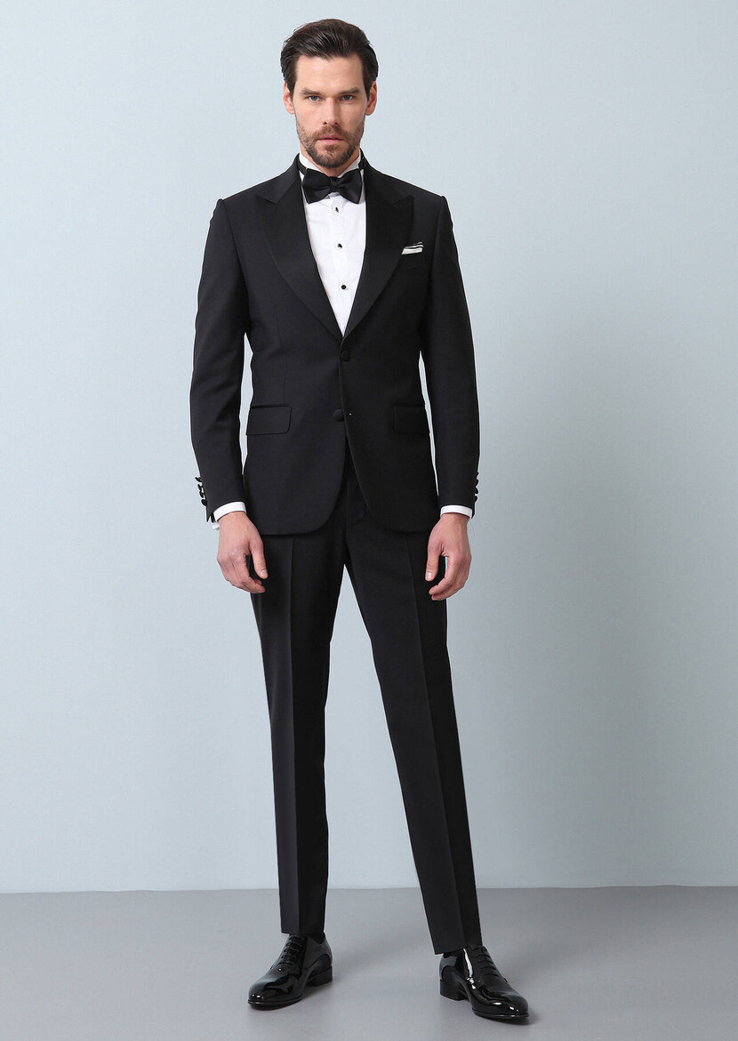 Siyah Düz Thin&taller Slim Fit Kruvaze Yaka Dokuma Smokin Takım Elbise - Thumbnail