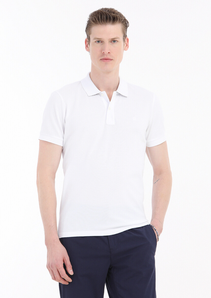 Beyaz Baskılı Polo Yaka %100 Pamuk T-Shirt - Thumbnail