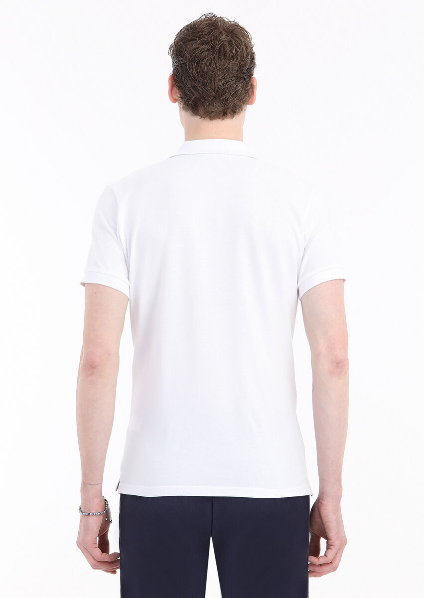 Beyaz Baskılı Polo Yaka %100 Pamuk T-Shirt