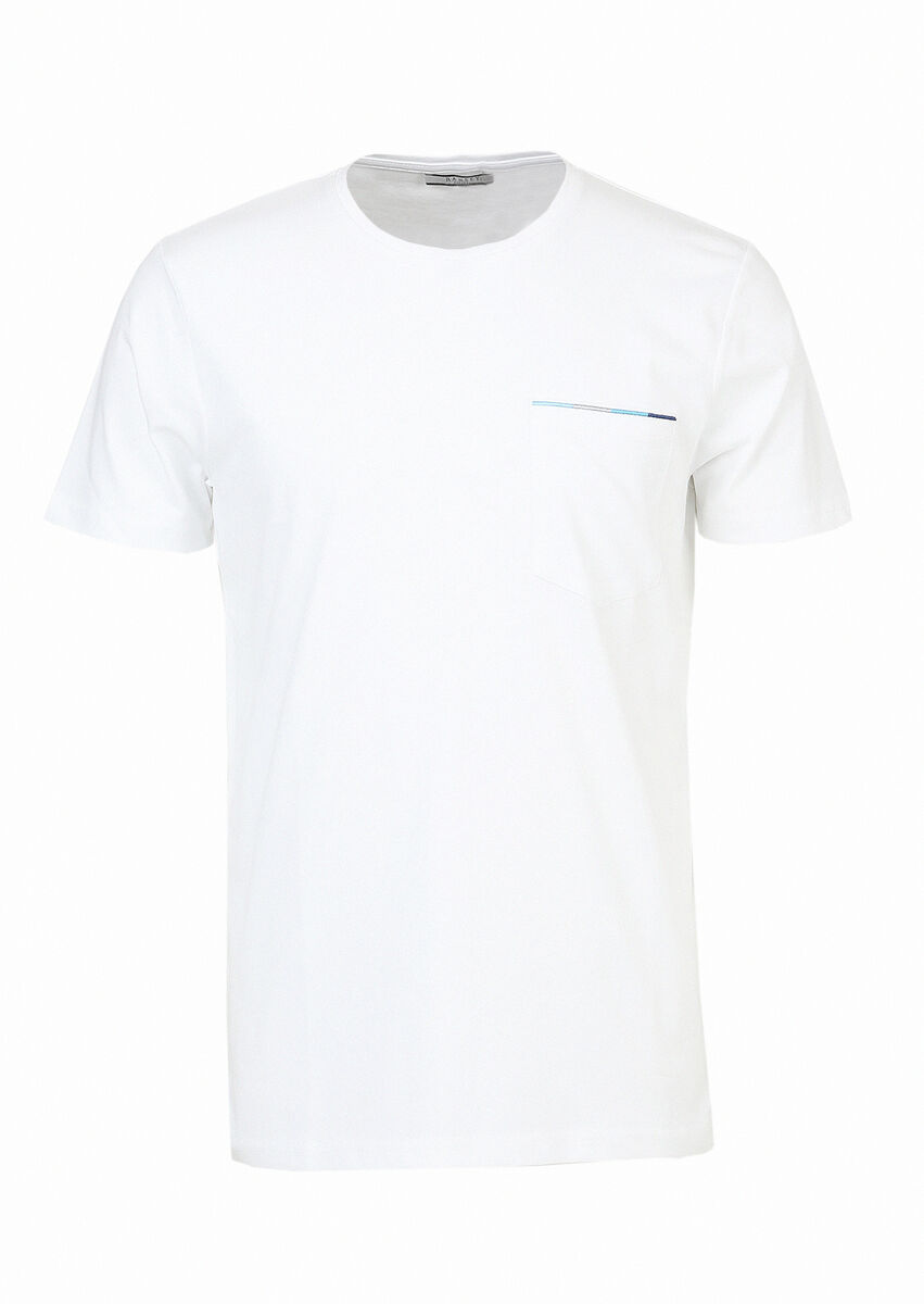 Beyaz Düz Bisiklet Yaka %100 Pamuk T-Shirt