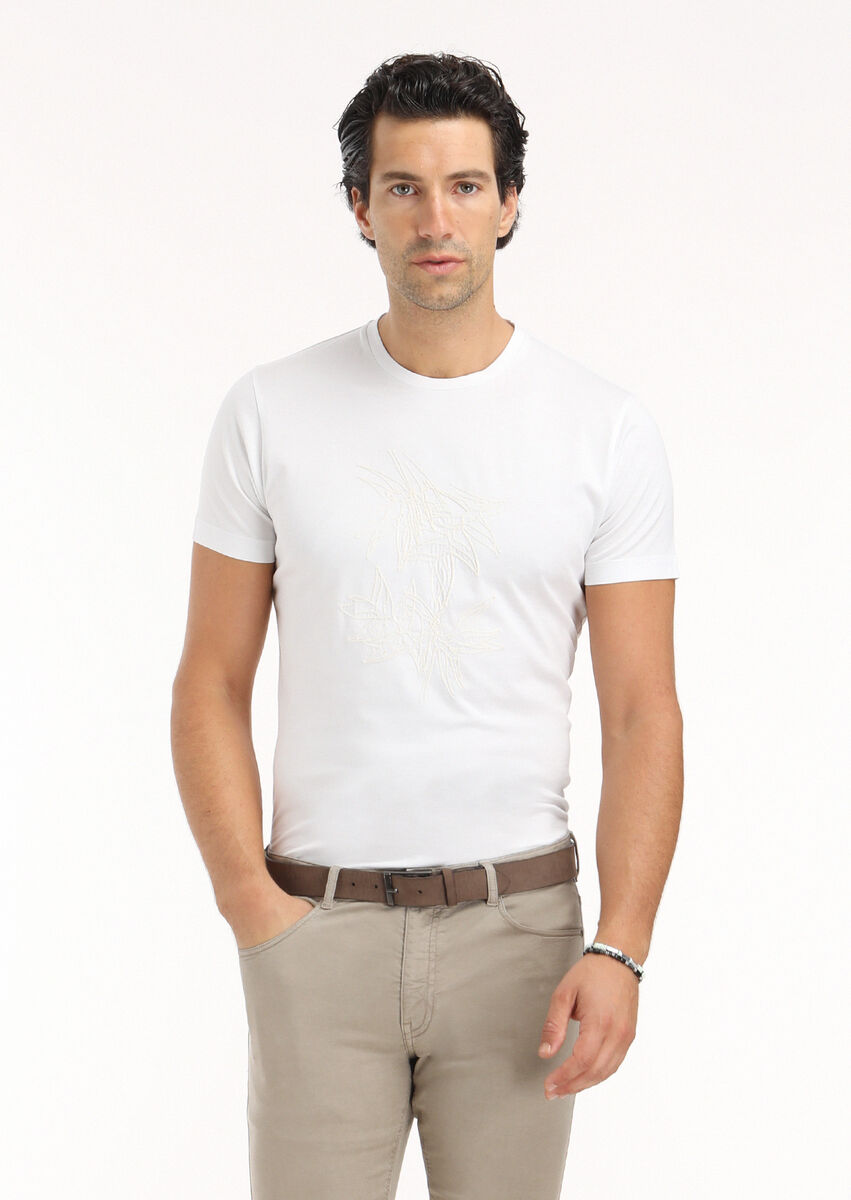 Beyaz Desenli Bisiklet Yaka %100 Pamuk T-Shirt