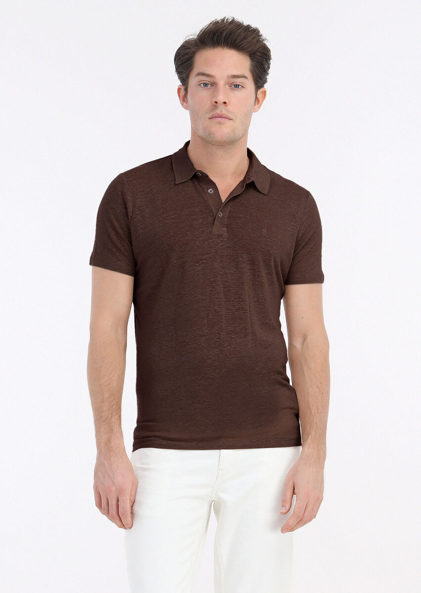 Kahverengi Düz Polo Yaka %100 Keten T-Shirt