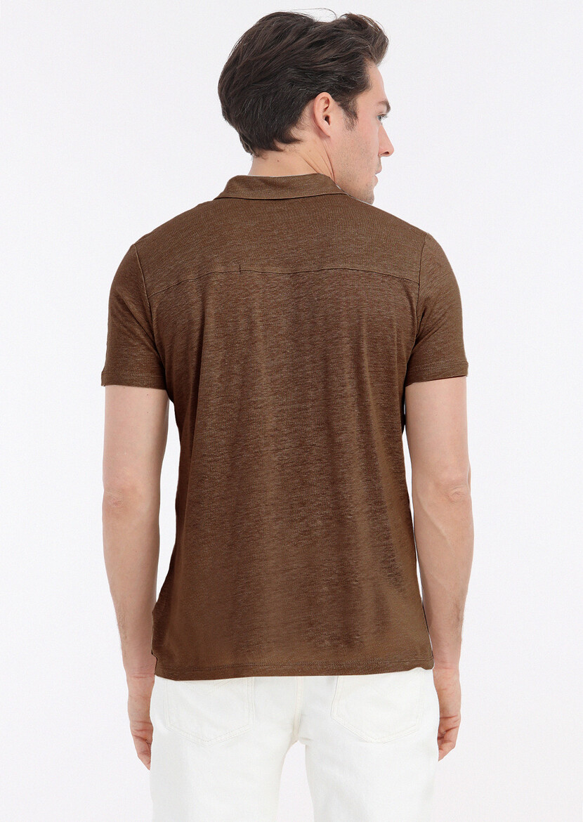 Kahverengi Düz Polo Yaka %100 Keten T-Shirt - Thumbnail