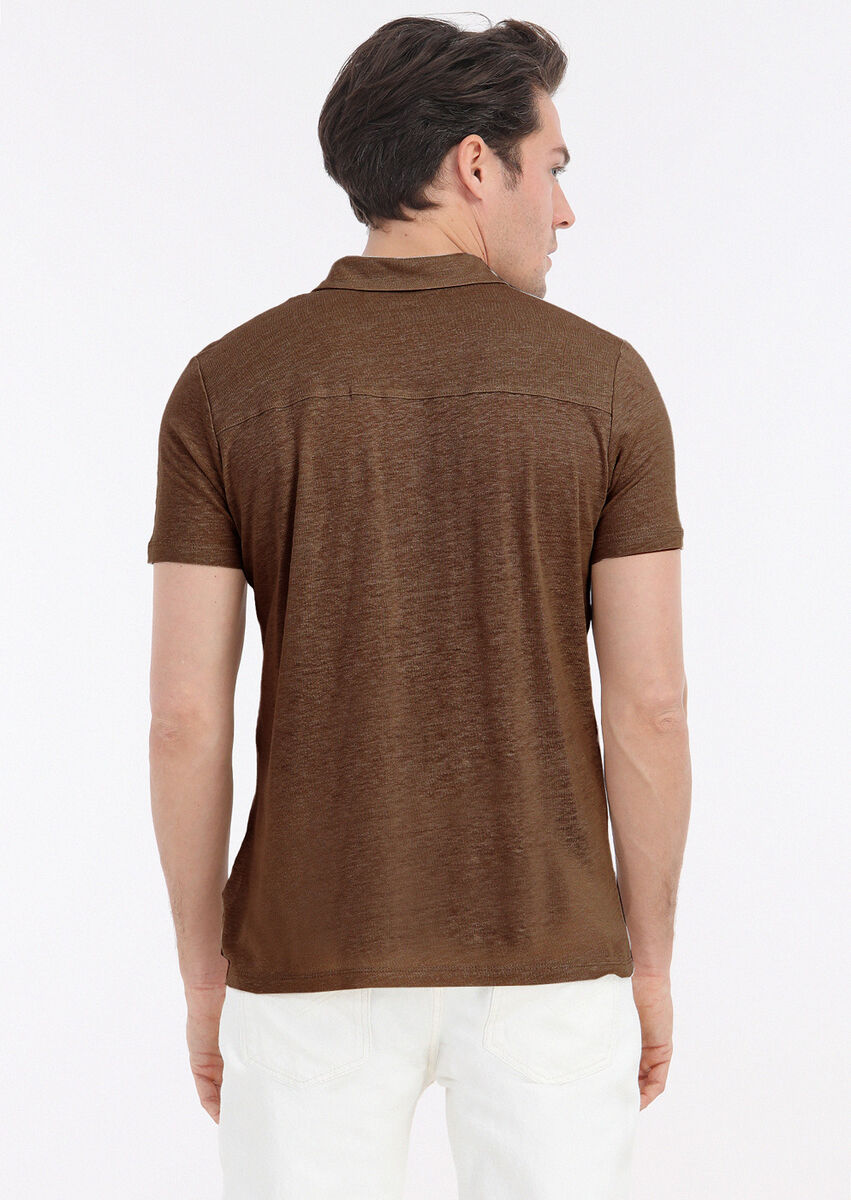 Kahverengi Düz Polo Yaka %100 Keten T-Shirt