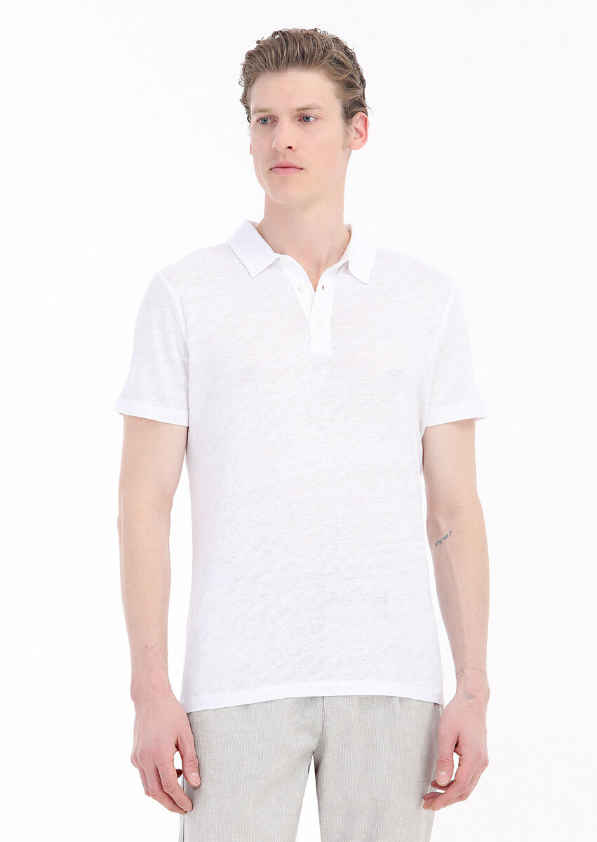 Beyaz Düz Polo Yaka %100 Keten T-Shirt