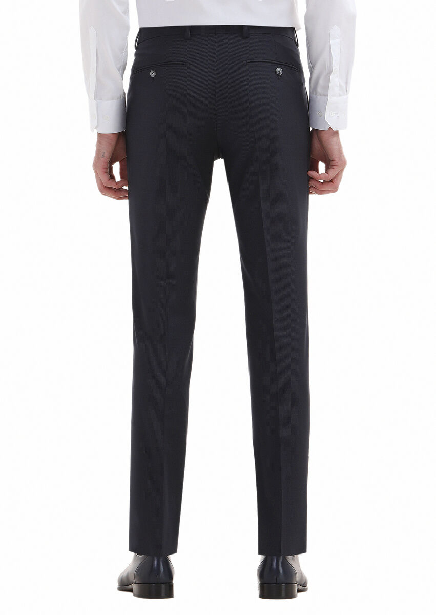 Lacivert Çizgili Kumaş Modern Fit Klasik Yün Karışımlı Pantolon