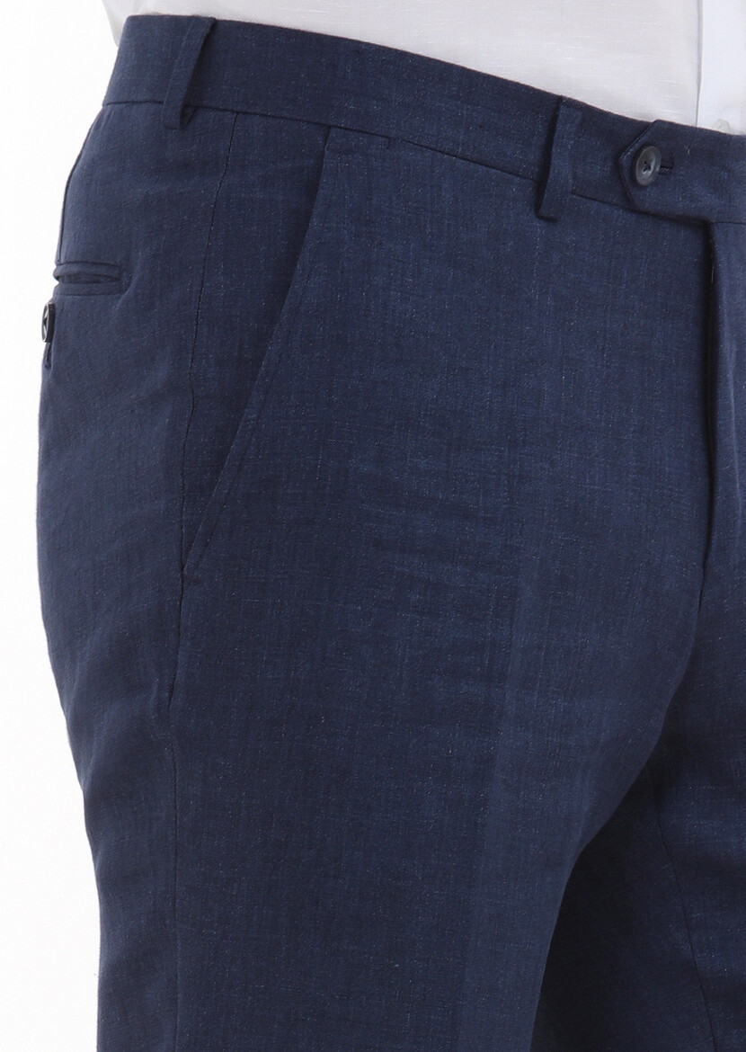 İndigo Çizgili Kumaş Modern Fit Klasik %100 Keten Pantolon - Thumbnail
