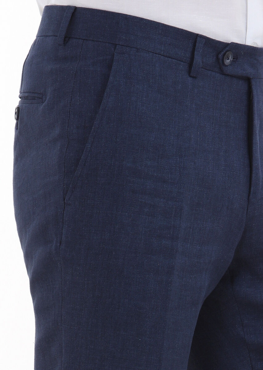 İndigo Çizgili Kumaş Modern Fit Klasik %100 Keten Pantolon