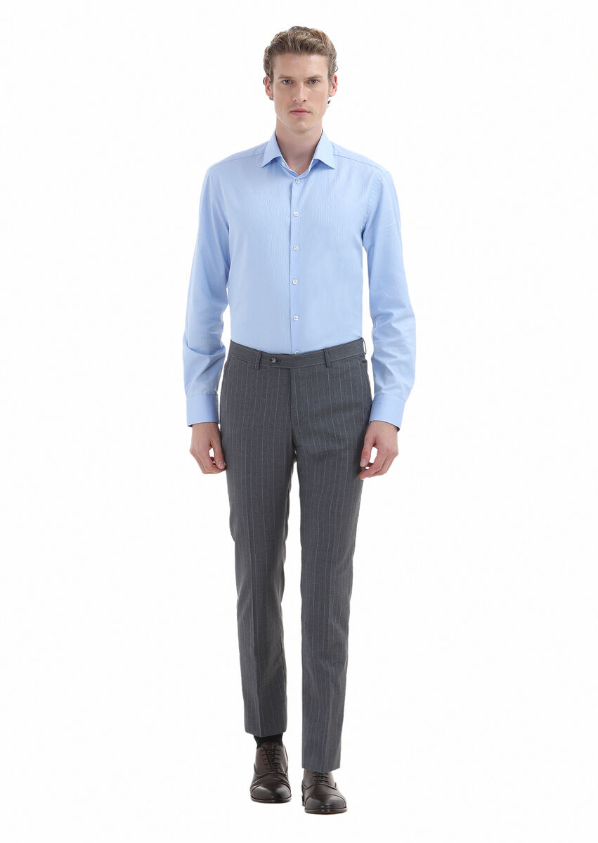 Koyu Gri Çizgili Kumaş Modern Fit Klasik %100 Yün Pantolon